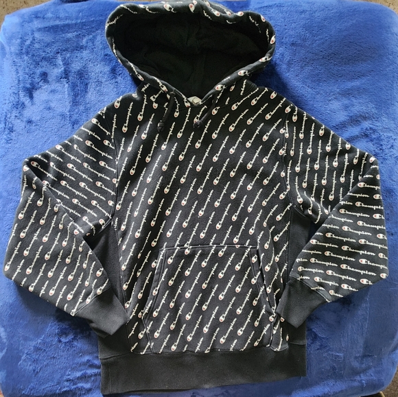 Champion Black Vintage Men's Medium Reverse Weave Hooded Sweatshirt Hoodie Logo - Picture 1 of 6